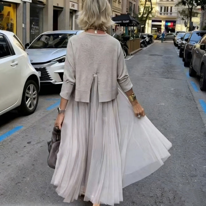 Two-Piece Set Comprising a Long Sleeve Knit Top for Women and a Sleeveless Dress