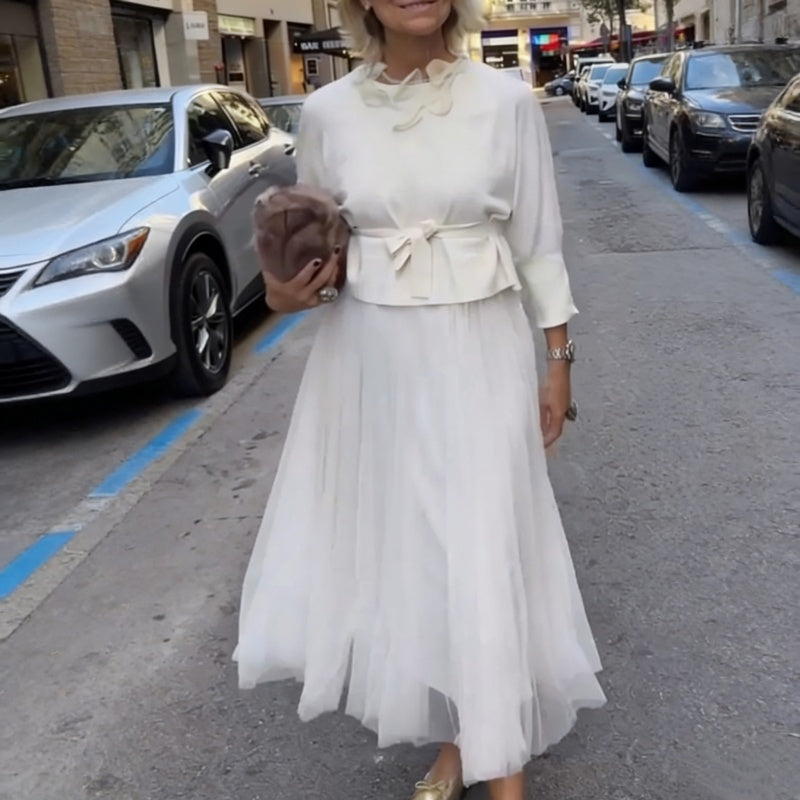 Two-Piece Set Comprising a Long Sleeve Knit Top for Women and a Sleeveless Dress