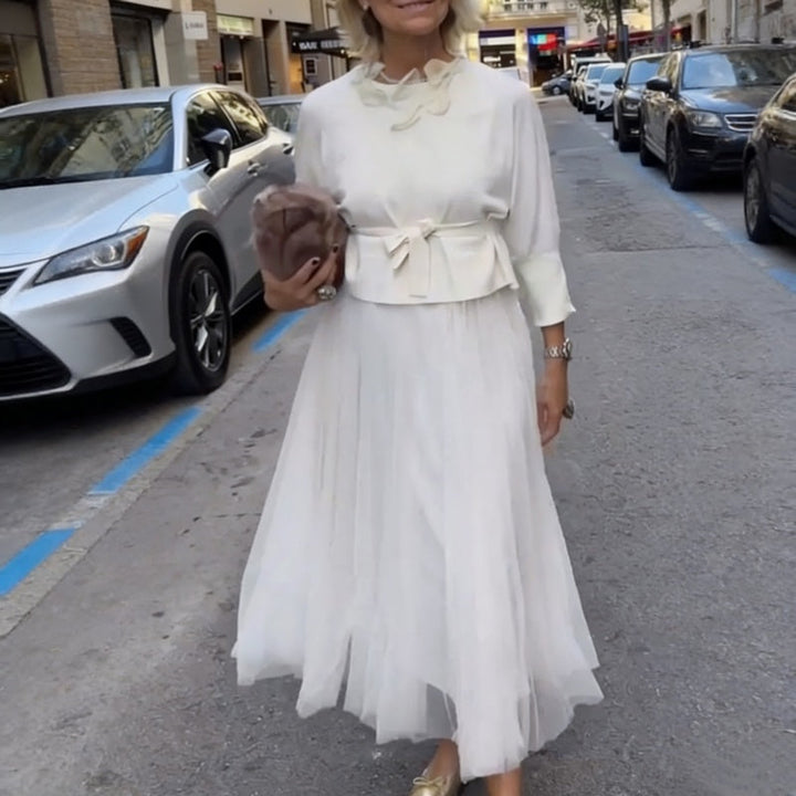 Two-Piece Set Comprising a Long Sleeve Knit Top for Women and a Sleeveless Dress