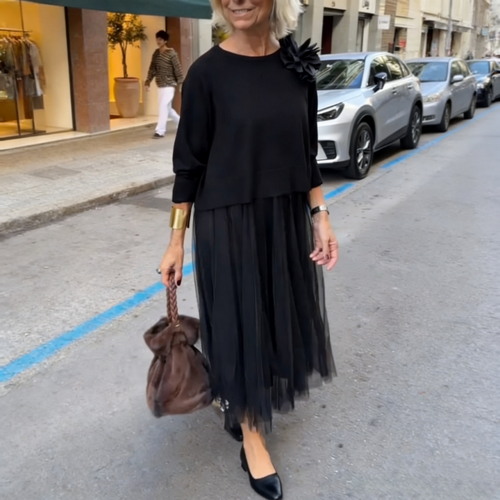 Two-Piece Set Comprising a Long Sleeve Knit Top for Women and a Sleeveless Dress