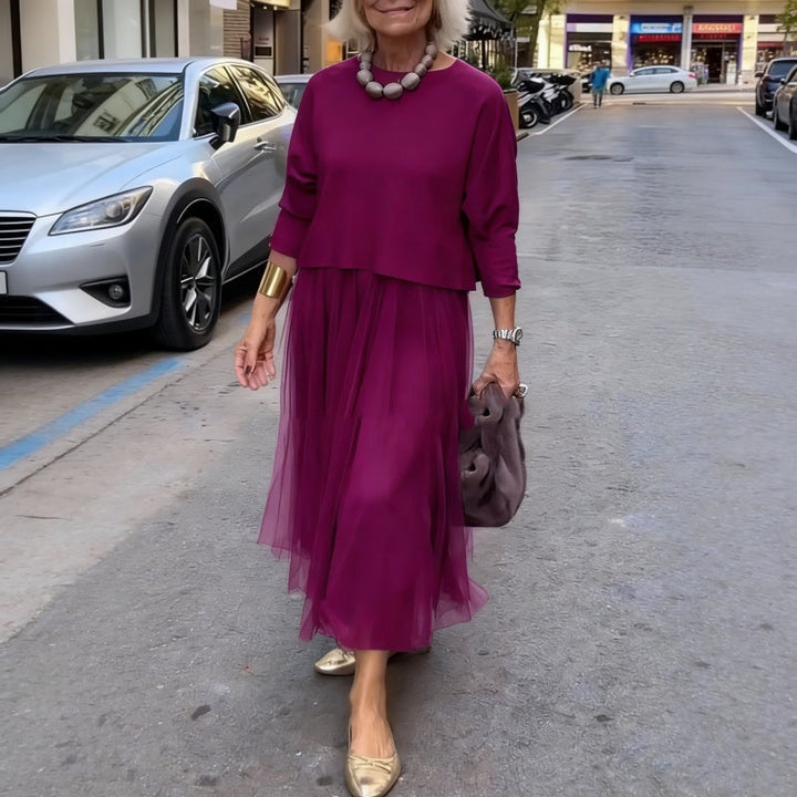 Two-Piece Set Comprising a Long Sleeve Knit Top for Women and a Sleeveless Dress